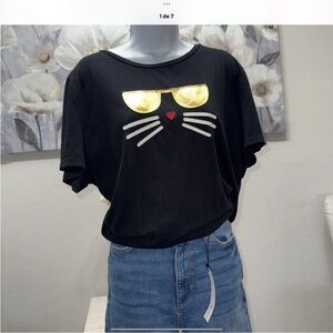Karl Lagerfeld Black Tee with Gold and White Accents NWOT 100% Authentic.